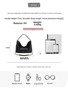 Detailed size guide showing dimensions for the large quilted tote bag and strap length