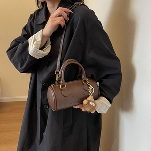 Women Retro PU Leather Cylinder Boston Bag Embossed Lettering Top Handle Handbag With Plush Monster Charm Shoulder Bag