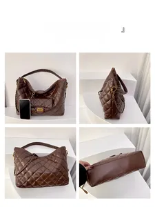 Multi-angle view of deep brown quilted tote bag with golden chain and diamond pattern