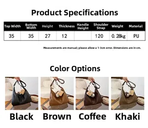 Detailed size specifications and color options for the large PU leather tote bag