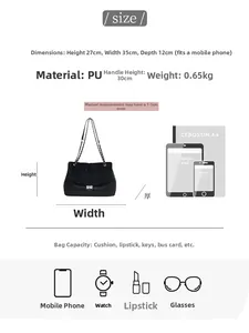 Guía de tallas detallada para bolso tote negro de PU con 35cm de ancho y 27cm de alto