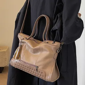 Women Vintage Rivets Tassel Tote Bag Large Capacity PU Leather Shoulder Bag Casual Travel Handbag Crossbody Bag