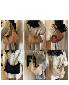 Detailed views of vintage matte hobo bags in caramel, brown, black, and beige colors