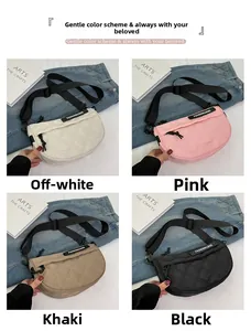 Quilted crescent bags shown in white, pink, khaki, and black with adjustable straps