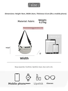 Quilted half-moon crossbody bag dimensions 26x18x8.5cm showing interior storage capacity