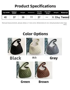Corduroy quilted tote bag size chart and five color options showing dimensions and weight