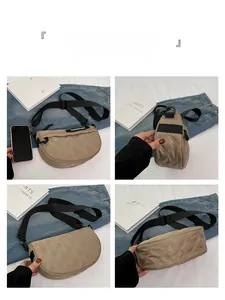 Detailed views showing quilted khaki nylon bag from front, side, back and bottom angles