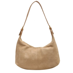 Khaki hobo shoulder bag with matte suede texture and adjustable strap on white background