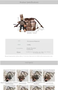 Mini vintage bucket bag detail showing size specs and plaid PU leather pattern