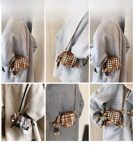 Detailed views of mini crossbody bucket bag with plaid pattern and cute rabbit charm