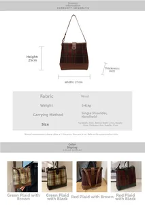 Spécifications de taille et options de couleur pour le sac seau en tissu écossais