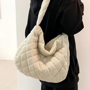 Women Large Capacity Corduroy Quilted Tote Bag Rhombus Pattern Casual Shoulder Bag Winter Autumn Commuter Handbag With Zipper