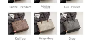 Detailed views of vintage textured tote bags in coffee, beige grey, and grey color options