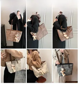 Three large tote bags in dark brown, beige, and grey with cute plush bear charms