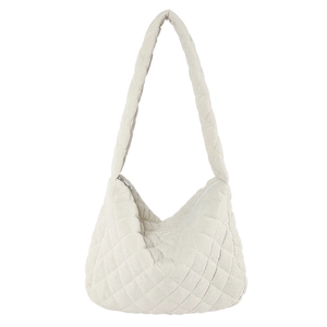 Off-white corduroy tote bag with diamond quilting and wide shoulder strap for autumn