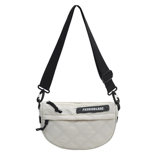 Quilted off-white half-moon crossbody bag with adjustable strap and fashion label