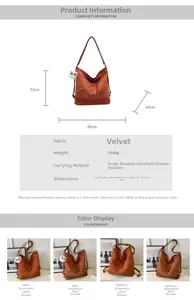 Detailed size chart and specifications for the large capacity velvet tote shoulder bag