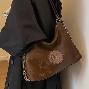 Vintage Matte PU Leather Hobo Shoulder Bag With Gold Chain Strap Large Capacity Retro Letter M Tote Bag For Women Daily Work