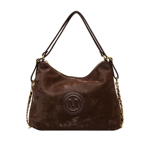 Vintage dark brown hobo tote bag with M letter embossing and gold chain strap