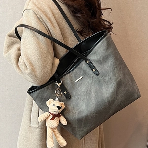 Large capacity dark grey tote bag with vintage texture and cute teddy bear charm