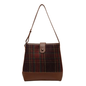 Sac seau vintage à carreaux avec bandoulière en similicuir marron pour femmes