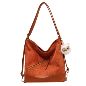 Retro orange corduroy tote bag with large capacity and owl charm for daily commute