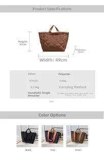 Size chart showing large capacity nylon tote bag dimensions and weight specifications