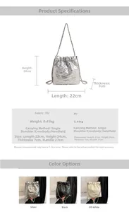 Detailed view of metallic PU bucket bag showing drawstring chain and dimensions