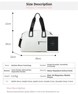 Size chart showing dimensions for water-repellent Oxford fitness bag with dry-wet separation