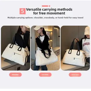 Detailed view of white quilted travel bag showing crossbody, shoulder, and handbag styles