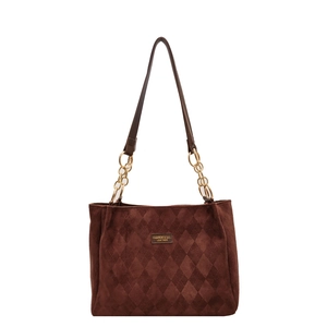 Brown frosted leather tote bag with quilted diamond pattern and chain strap on white background