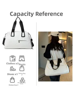 White quilted travel bag showing spacious interior capacity for clothes and shoes