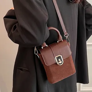 Retro Women PU Leather Suede Stitching Handbag Fashion Small Square Crossbody Bag With Metal Lock Adjustable Strap Niche Design Purse
