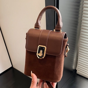 Retro dark brown matte leather crossbody bag with elegant gold metal clasp and top handle