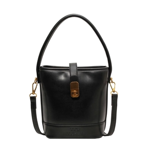 Sac seau classique en cuir noir avec détails dorés et poignée pour femmes