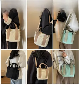 Collage of canvas tote bag colors showing shoulder and crossbody styling options