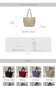 Detailed size chart for the large nylon quilted tote bag with specific dimensions