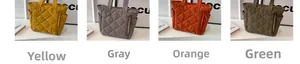 Detailed view of quilted tote bags in yellow, grey, orange and green colors