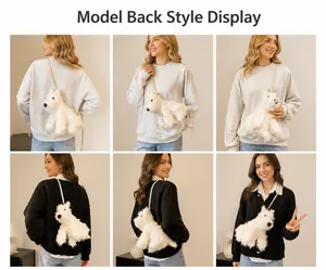 Dettagli della borsa a tracolla a forma di cane in peluche bianco su diversi outfit