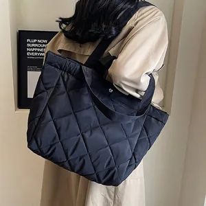 Large Capacity Quilted Nylon Tote Bag For Women Minimalist Rhombic Pattern Shoulder Bag Casual Commuter Handbag Work Travel
