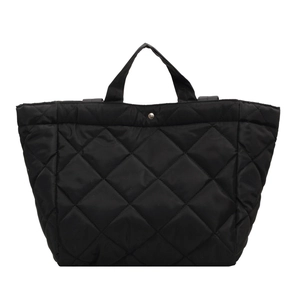 Large black quilted nylon tote bag with silver button closure and diamond pattern