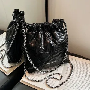 Women Fashion Quilted Diamond Lattice Bucket Bag Metallic Silver PU Leather Drawstring Chain Strap Shoulder Crossbody Bag