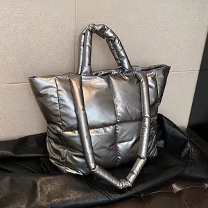 Grand Sac Fourre-tout Matelassé pour Femme Métallisé Rembourré en Coton Grande Capacité Sac à Épaule Décontracté