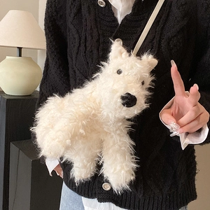 Simpatica borsa a tracolla in peluche cane Westie per donna in ecopelliccia bianca