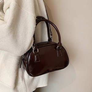 Retro dark brown glossy leather Boston handbag with top handles for autumn winter fashion