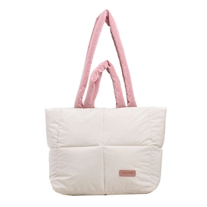 Sac cabas matelassé en coton beige avec anses roses sac à main tendance pour femmes