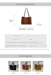 Detailed dimension guide for the frosted PU tote bag showing sizes and color options