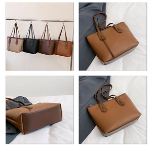 Detail view of large leather tote bag showing base structure and various color options