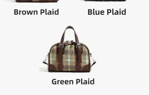 Detailed view of Boston bags in three plaid patterns with premium leather trim and metal buckles