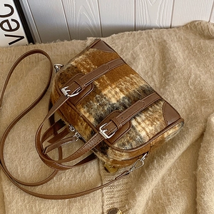Vintage checkered faux shearling Boston bag with brown leather trim and shoulder strap